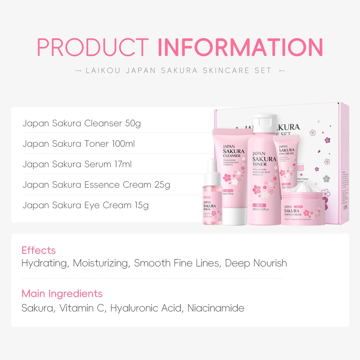 LAIKOU Sakura Kit Skin Care Sets Moisturizing and Reducing Fine Lines Cleansing Pore Product 5-Piece Korean Christmas Gift Set