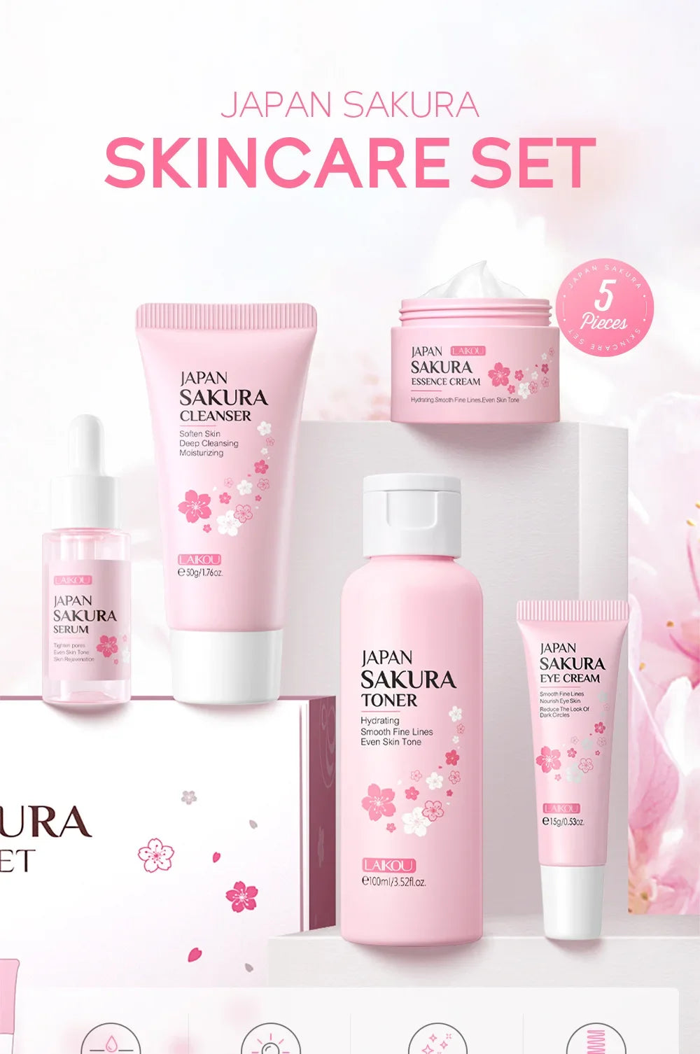 LAIKOU Sakura Kit Skin Care Sets Moisturizing and Reducing Fine Lines Cleansing Pore Product 5-Piece Korean Christmas Gift Set