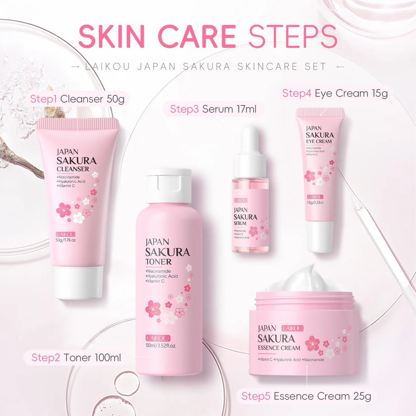 LAIKOU Sakura Kit Skin Care Sets Moisturizing and Reducing Fine Lines Cleansing Pore Product 5-Piece Korean Christmas Gift Set